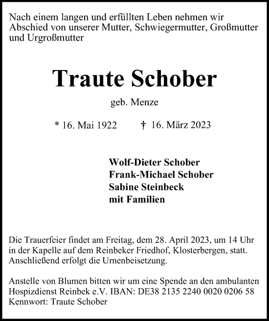 Traueranzeige von Traute Schober von Bille Wochenblatt, Bergedorfer Zeitung