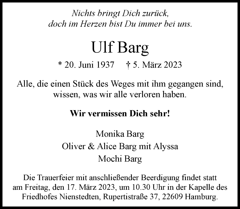  Traueranzeige für Ulf Barg vom 11.03.2023 aus Hamburger Abendblatt