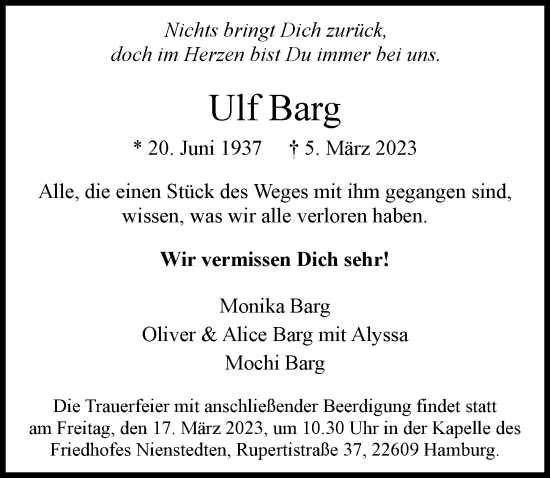 Traueranzeige von Ulf Barg von Hamburger Abendblatt
