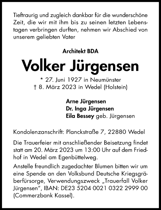 Traueranzeige von Volker Jürgensen von Hamburger Abendblatt