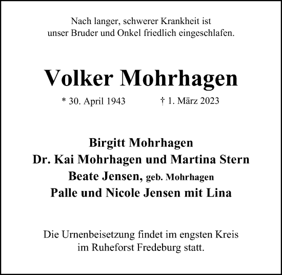 Traueranzeige von Volker Mohrhagen von Bergedorfer Zeitung