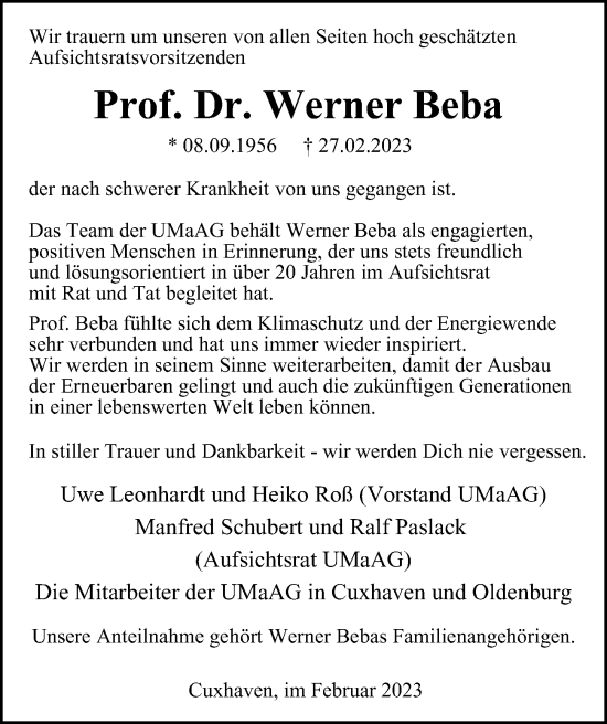 Traueranzeige von Werner Beba von Hamburger Abendblatt