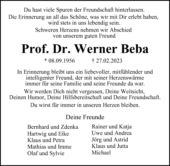 Traueranzeige von Werner Beba von Hamburger Abendblatt