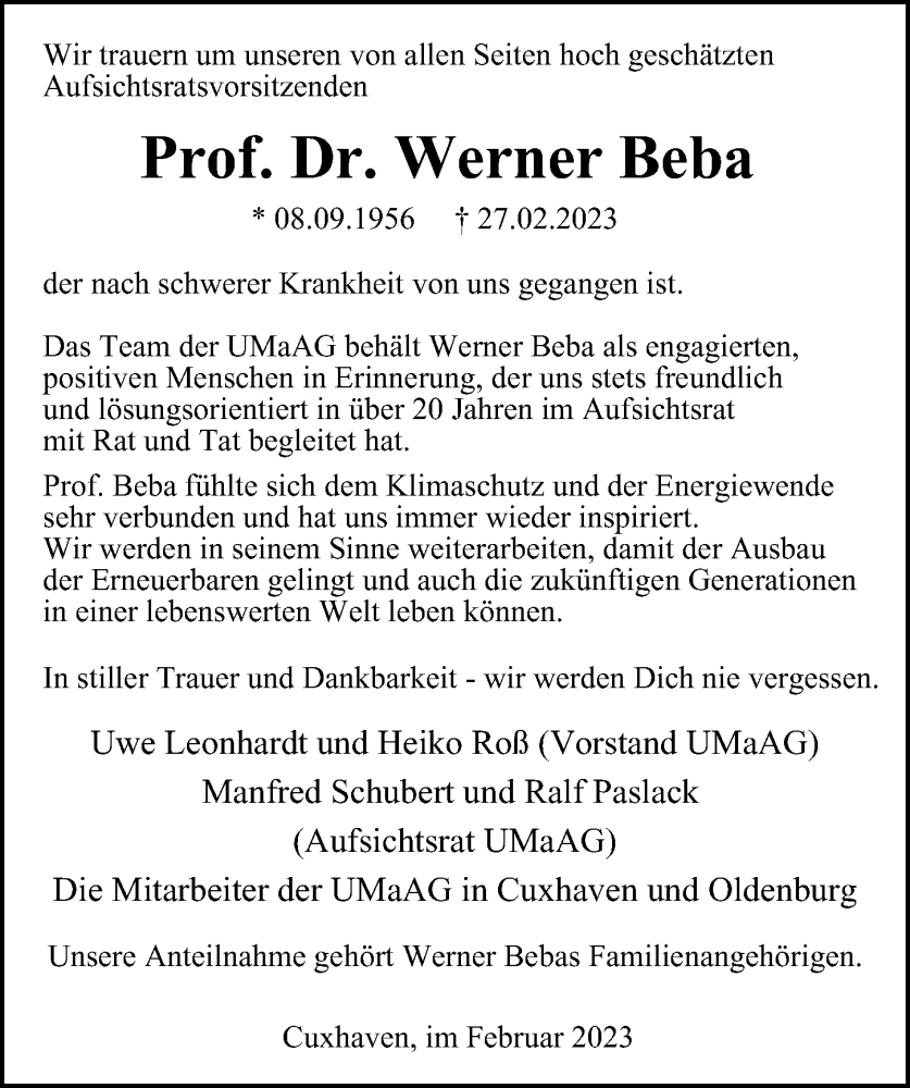  Traueranzeige für Werner Beba vom 11.03.2023 aus Hamburger Abendblatt