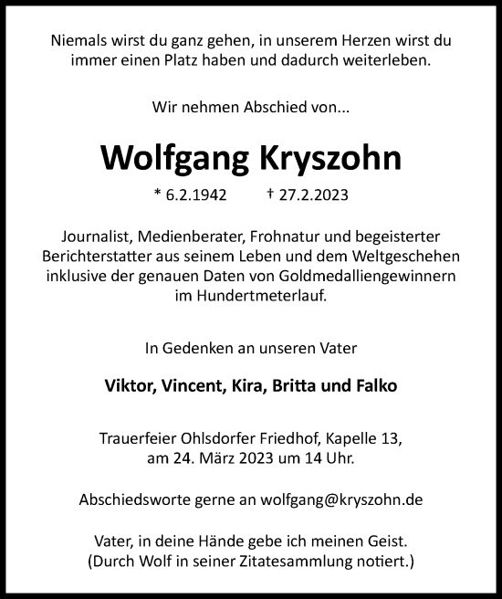 Traueranzeige von Wolfgang Kryszohn von Hamburger Abendblatt
