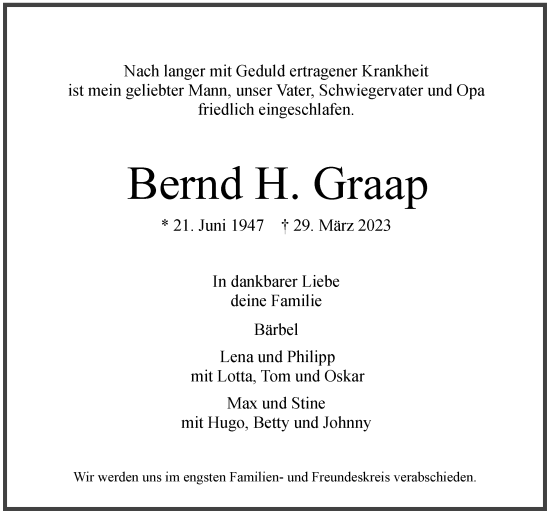 Traueranzeige von Bernd H. Graap von Hamburger Abendblatt