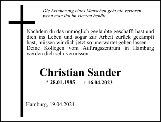 Traueranzeige von Christian Sander von Hamburger Abendblatt