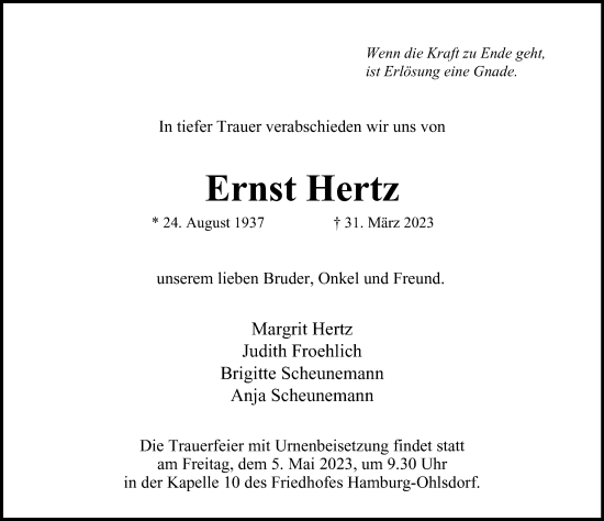 Traueranzeige von Ernst Hertz von Hamburger Abendblatt