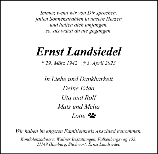 Traueranzeige von Ernst Landsiedel 