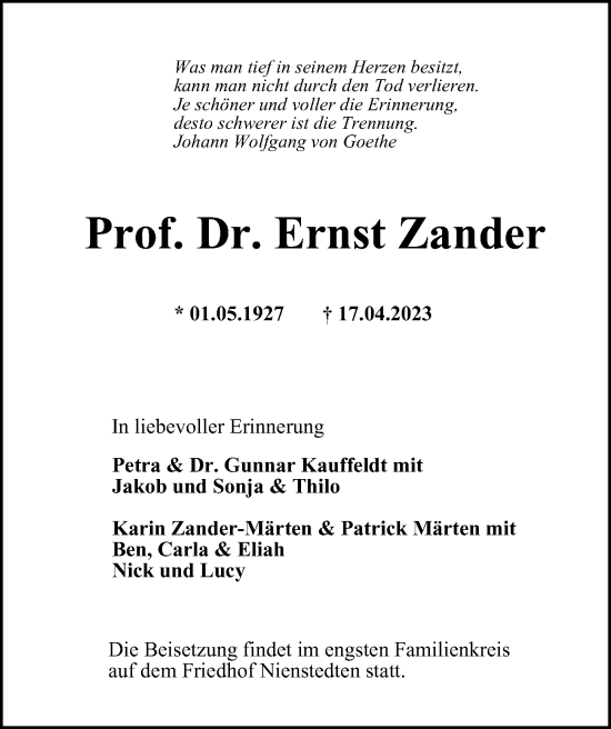 Traueranzeige von Ernst Zander von Hamburger Abendblatt