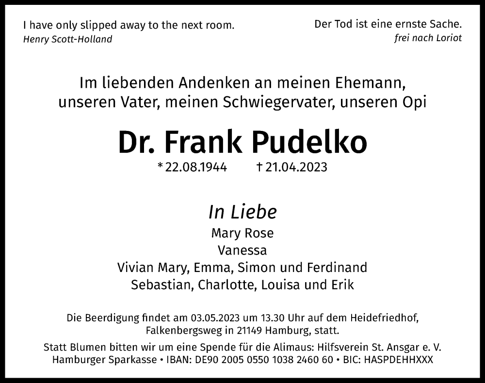  Traueranzeige für Frank Pudelko vom 29.04.2023 aus Hamburger Abendblatt