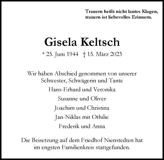 Traueranzeige von Gisela Keltsch von Hamburger Abendblatt