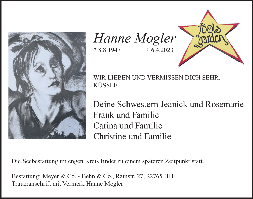  Traueranzeige für Hanne Mogler vom 22.04.2023 aus Hamburger Abendblatt