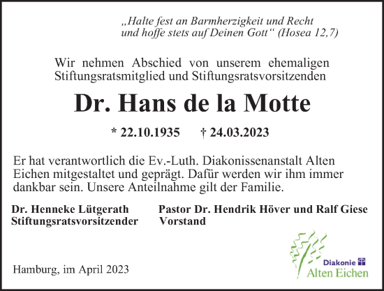 Traueranzeige von Hans de la Motte von Hamburger Abendblatt