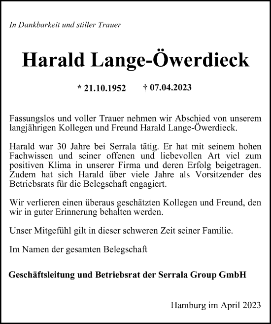 Traueranzeige von Harald Lange-Öwerdieck von Hamburger Abendblatt