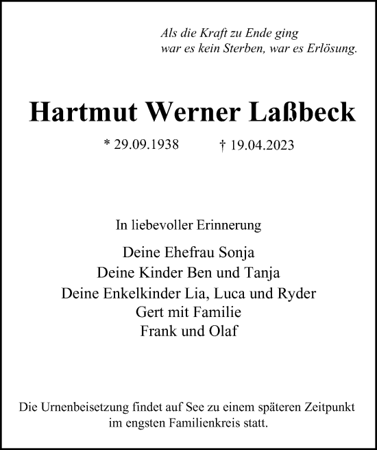 Traueranzeige von Hartmut Werner Laßbeck von Hamburger Abendblatt