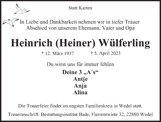 Traueranzeige von Heinrich Wülferling von Hamburger Abendblatt, Bergedorfer Zeitung