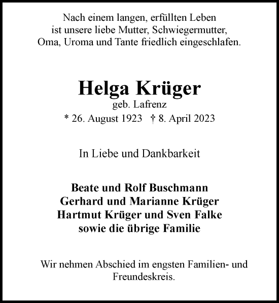 Traueranzeige von Helga Krüger von Hamburger Abendblatt