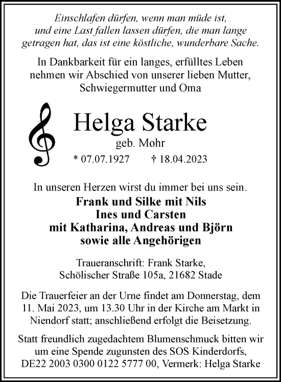 Traueranzeige von Helga Starke von Hamburger Abendblatt