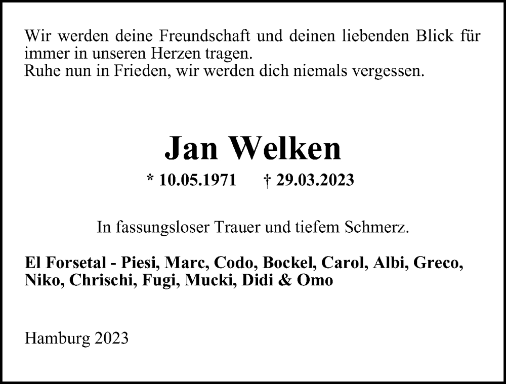  Traueranzeige für Jan Welken vom 08.04.2023 aus Hamburger Abendblatt
