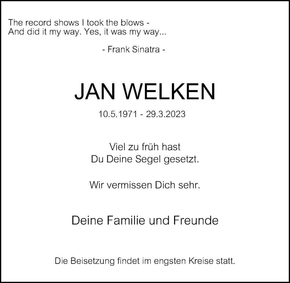  Traueranzeige für Jan Welken vom 15.04.2023 aus Hamburger Abendblatt