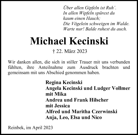 Traueranzeige von Michael Kecinski von Bille Wochenblatt, Bergedorfer Zeitung