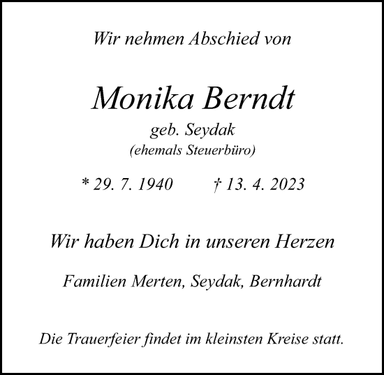 Traueranzeige von Monika Berndt von Hamburger Abendblatt