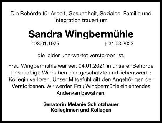 Traueranzeige von Sandra Wingbermühle von Hamburger Abendblatt