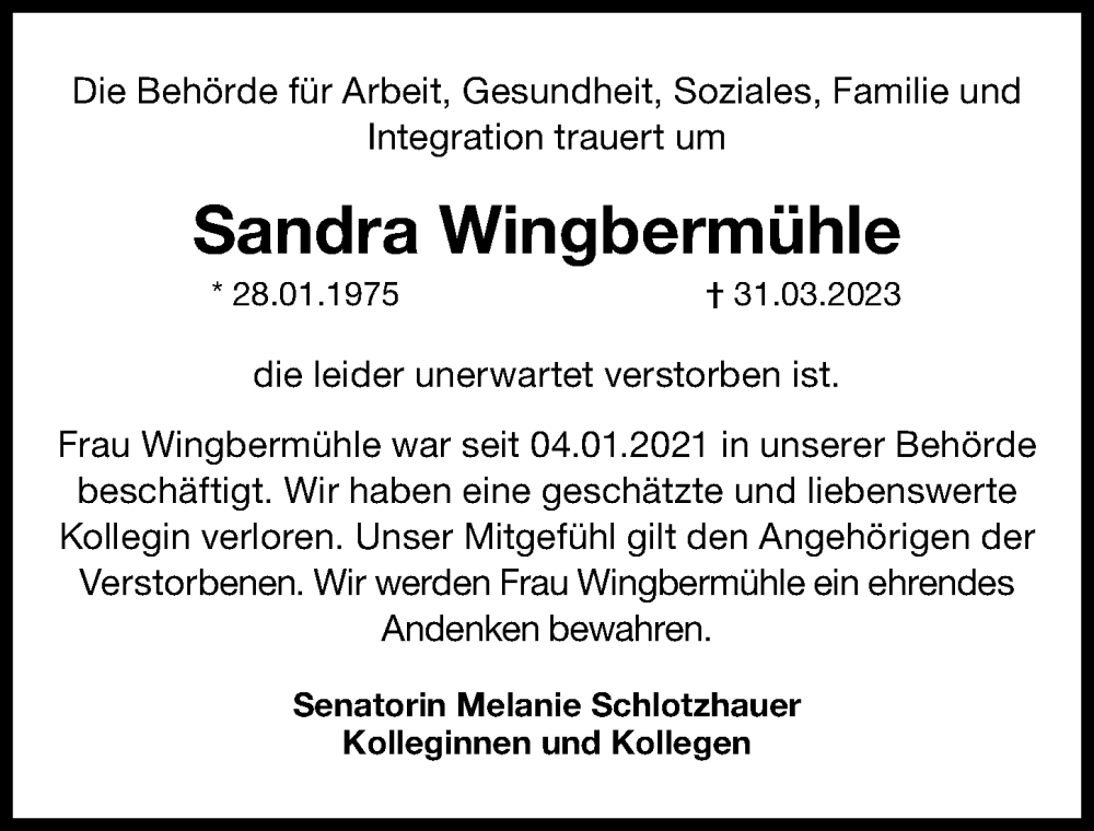  Traueranzeige für Sandra Wingbermühle vom 26.04.2023 aus Hamburger Abendblatt