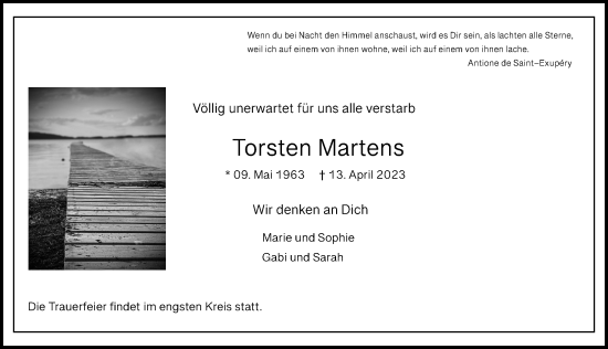 Traueranzeige von Torsten Martens von Bergedorfer Zeitung