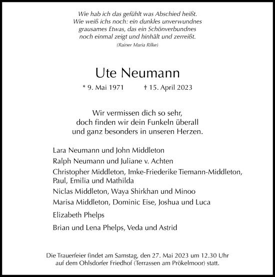 Traueranzeige von Ute Neumann von Hamburger Abendblatt