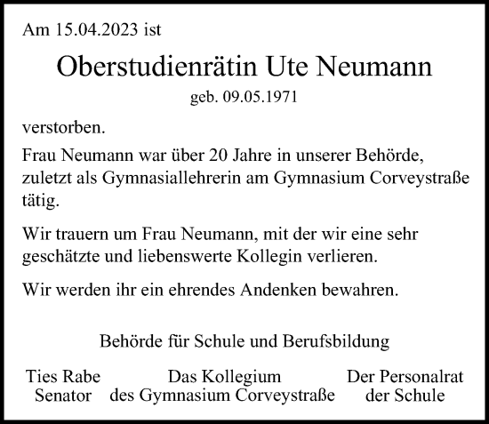 Traueranzeige von Ute Neumann von Hamburger Abendblatt