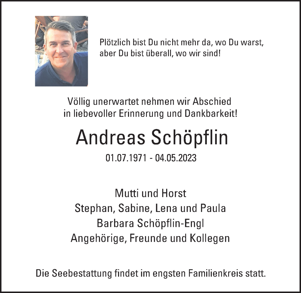  Traueranzeige für Andreas Schöpflin vom 13.05.2023 aus Hamburger Abendblatt