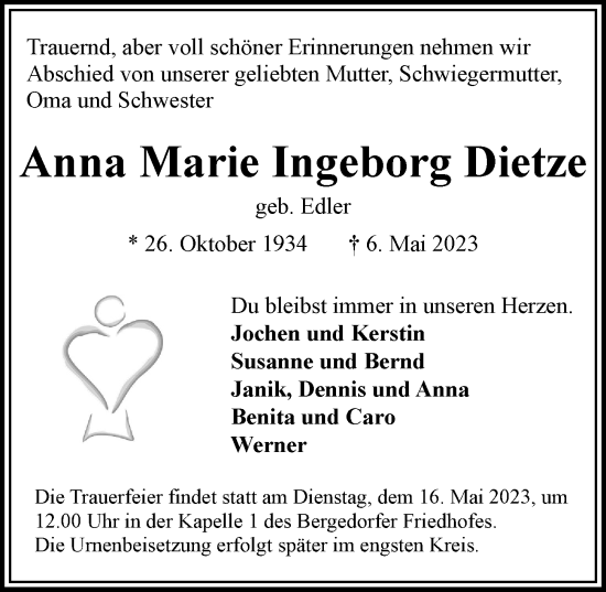 Traueranzeige von Anna Marie Ingeborg Dietze von Bille Wochenblatt, Bergedorfer Zeitung