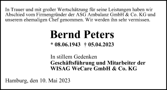 Traueranzeige von Bernd Peters von Hamburger Abendblatt