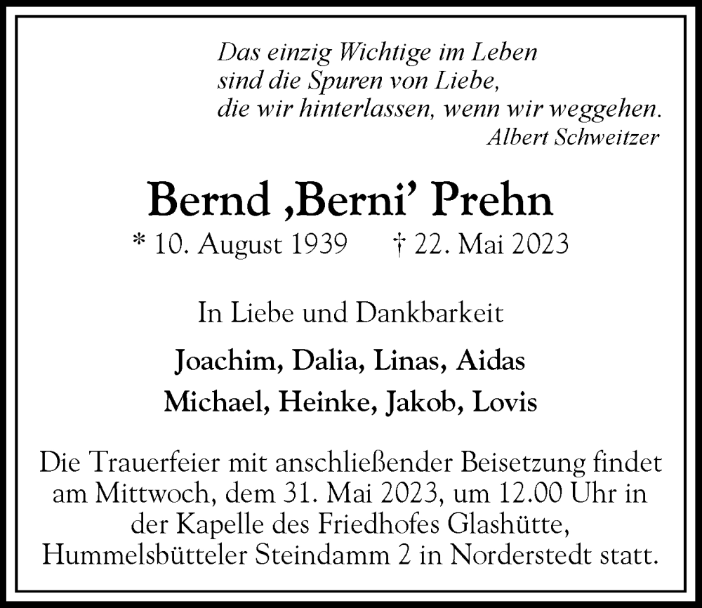  Traueranzeige für Bernd Prehn vom 27.05.2023 aus Langenhorn