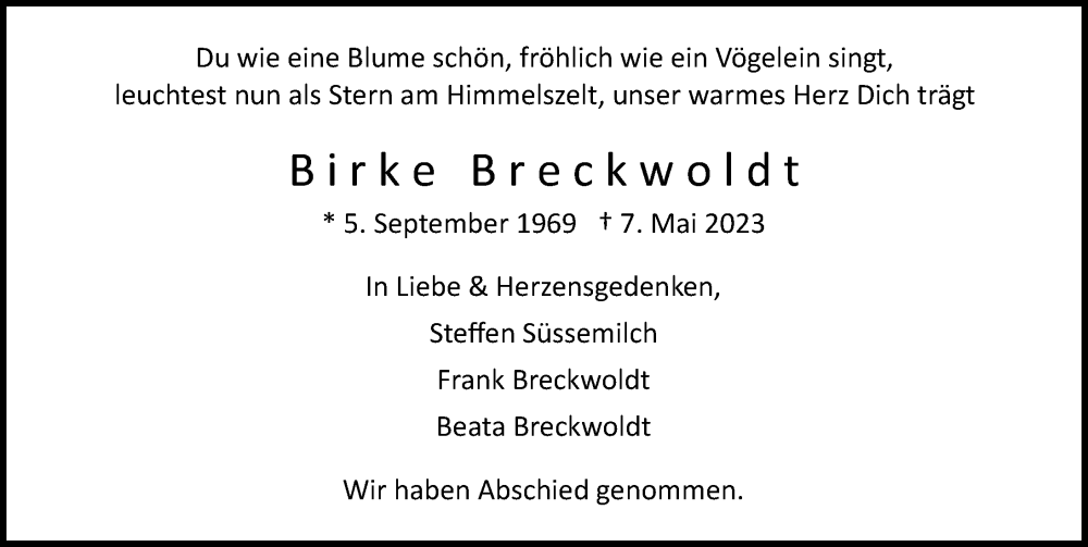  Traueranzeige für Birke Breckwoldt vom 20.05.2023 aus Hamburger Abendblatt