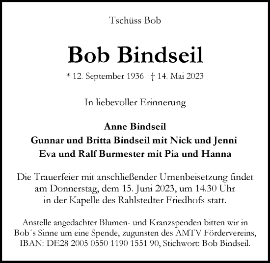 Traueranzeige von Bob Bindseil von Hamburger Abendblatt