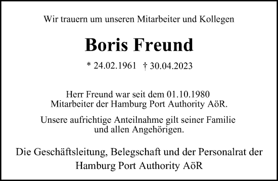 Traueranzeige von Boris Freund von Hamburger Abendblatt