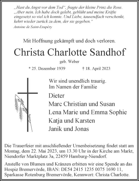 Traueranzeige von Christa Charlotte Sandhof von Niendorfer Wochenblatt