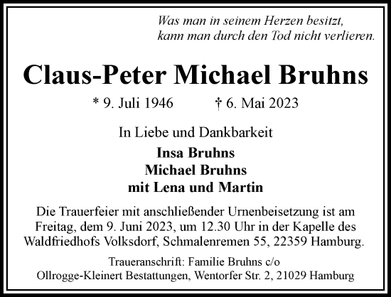 Traueranzeige von Claus-Peter Michael Bruhns von Hamburger Abendblatt