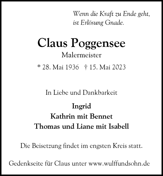 Traueranzeige von Claus Poggensee von Hamburger Abendblatt