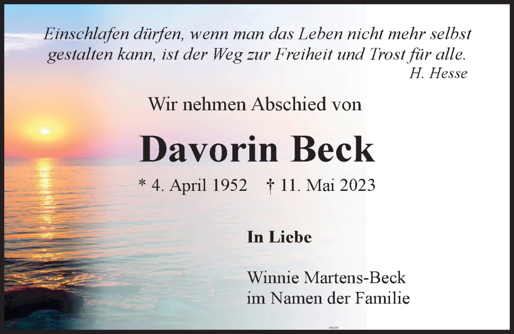  Traueranzeige für Davorin Beck vom 20.05.2023 aus Hamburger Abendblatt