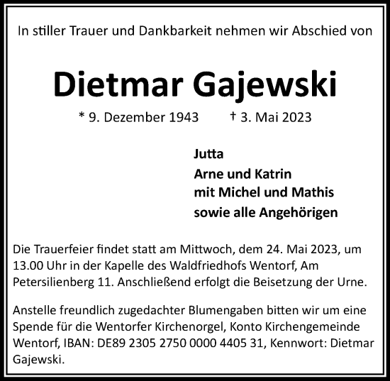 Traueranzeige von Dietmar Gajeweski von Bille Wochenblatt, Bergedorfer Zeitung