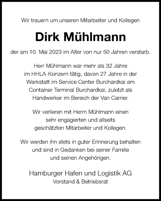 Traueranzeige von Dirk Mühlmann von Hamburger Abendblatt