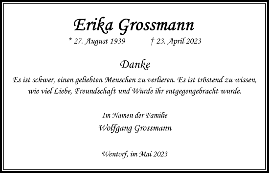 Traueranzeige von Erika Grossmann von Bergedorfer Zeitung