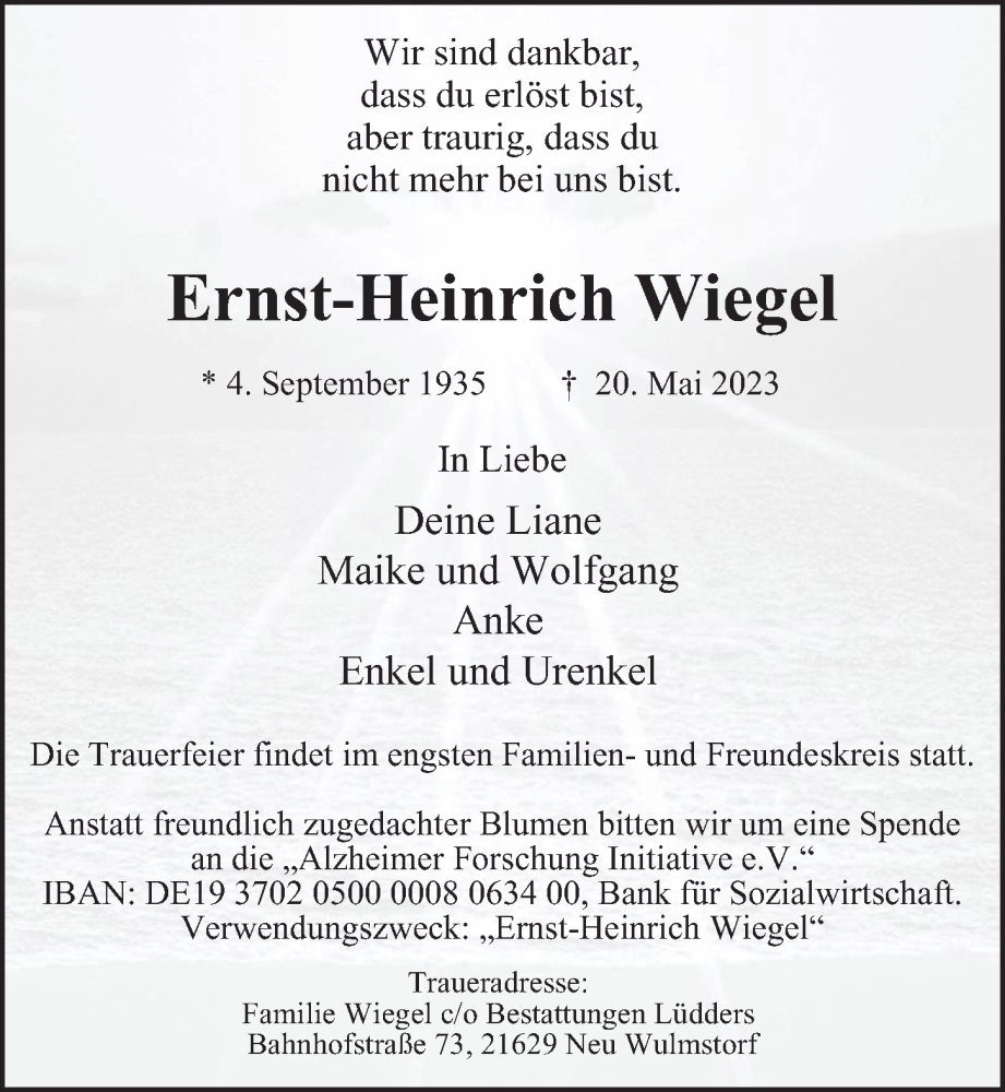  Traueranzeige für Ernst-Heinrich Wiegel vom 27.05.2023 aus Hamburger Abendblatt