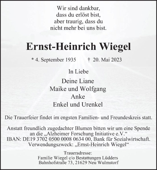 Traueranzeige von Ernst-Heinrich Wiegel von Hamburger Abendblatt
