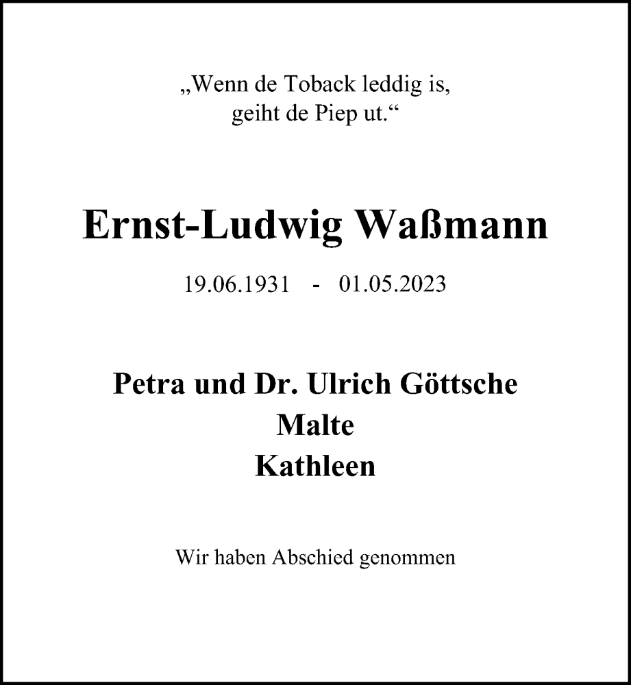  Traueranzeige für Ernst-Ludwig Waßmann vom 06.05.2023 aus Hamburger Abendblatt