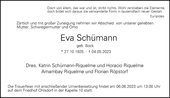 Traueranzeige von Eva Schümann von Hamburger Abendblatt